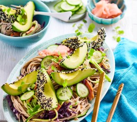 Sesame avocado and soba noodle salad